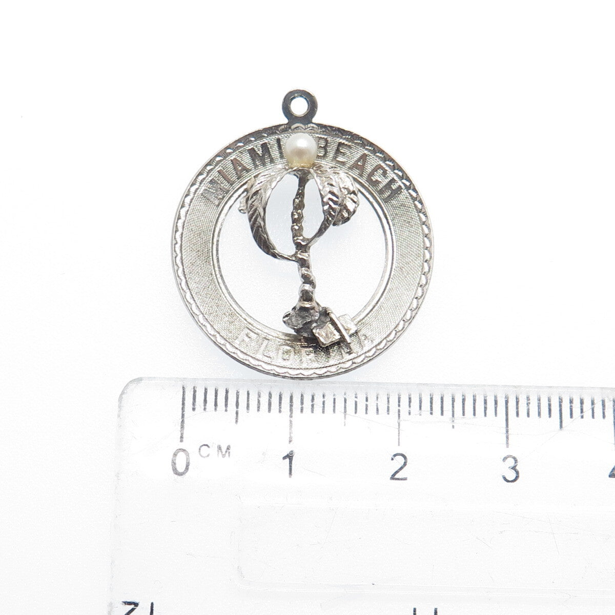 925 Sterling Silver Vintage Real Pearl Miami Beach Florida Palm Tree Pendant