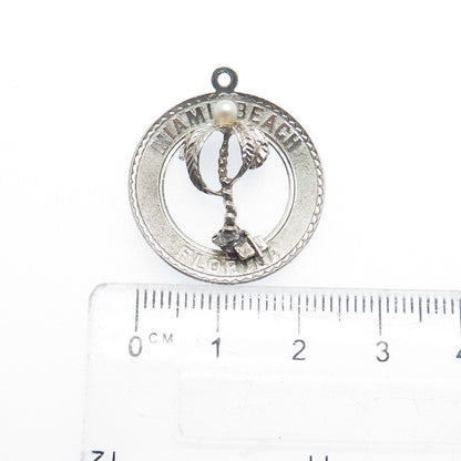 925 Sterling Silver Vintage Real Pearl Miami Beach Florida Palm Tree Pendant