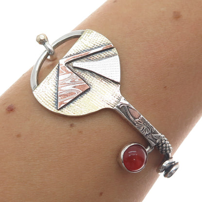925 Sterling Silver & 14K Multi-Gold Vintage Carnelian Modernist Bracelet 6.75"