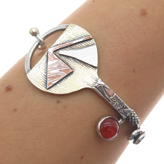 925 Sterling Silver & 14K Multi-Gold Vintage Carnelian Modernist Bracelet 6.75"