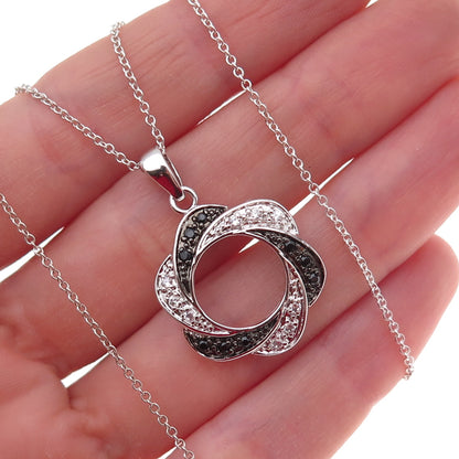 925 Sterling Silver Real Black Spinel & C Z Floral Cable Chain Necklace 18"
