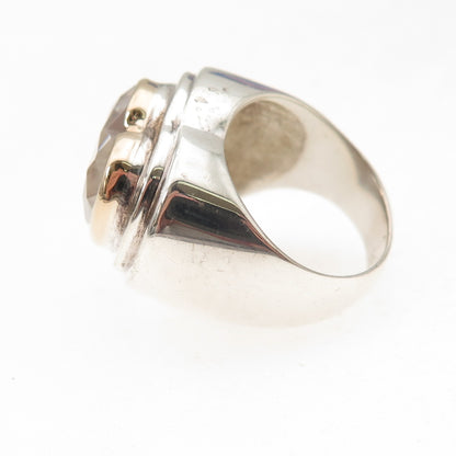 925 Sterling Silver 14K Gold Vintage C Z Modernist Heart Oxidized Ring Size 4.5
