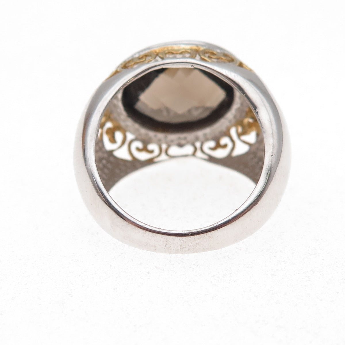 925 Sterling Silver 2-Tone Real Smoky Quartz Heart Ornate Ring Size 8.25