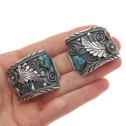 H. BOYD NAVAJO Old Pawn 925 Sterling Silver Vintage Turquoise Coral Watch Band