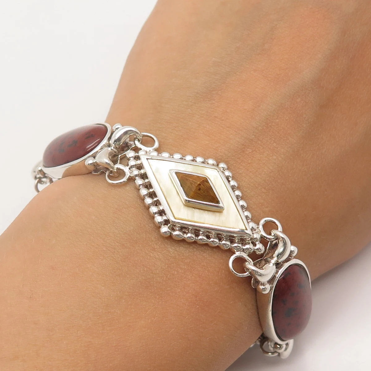 925 Sterling Silver Vintage Whitney Kelly MOP Jasper & Tiger Eye Gem Bracelet 7"