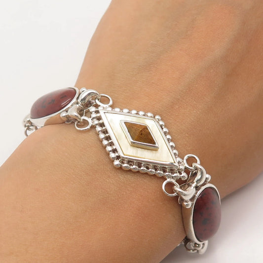 925 Sterling Silver Vintage Whitney Kelly MOP Jasper & Tiger Eye Gem Bracelet 7"