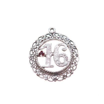 925 Sterling Silver Vintage Real Red Garnet Sweet 16 Charm Pendant