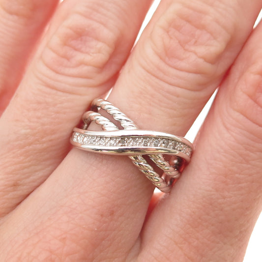 925 Sterling Silver Real Round-Cut Diamond Crisscross Ring Size 7.25