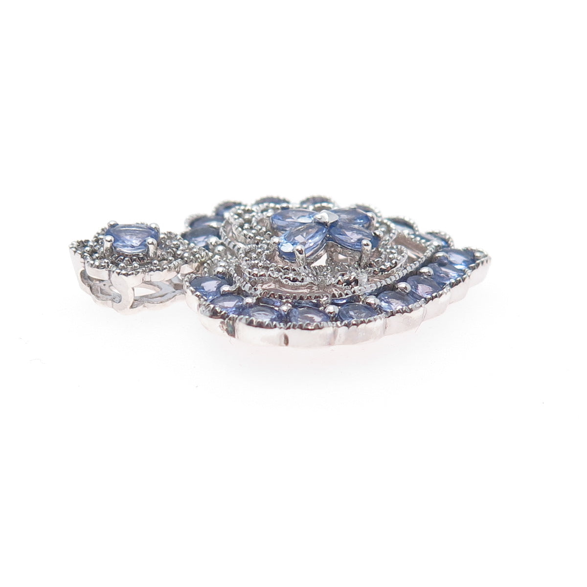 925 Sterling Silver Real Diamond & Tanzanite Heart Cluster Slide Charm Pendant