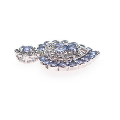 925 Sterling Silver Real Diamond & Tanzanite Heart Cluster Slide Charm Pendant