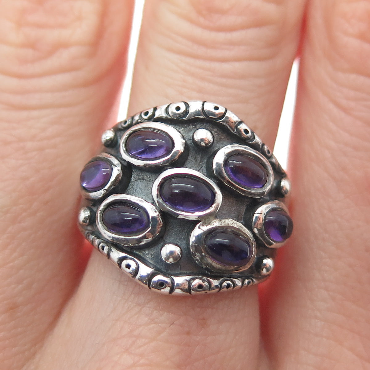 925 Sterling Silver Vintage Real Amethyst Cluster Oxidized Ring Size 8