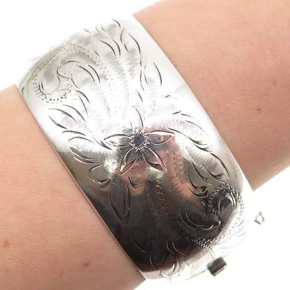 WINMOR 925 Sterling Silver Antique Art Deco Floral Wide Bangle Bracelet 7.5"