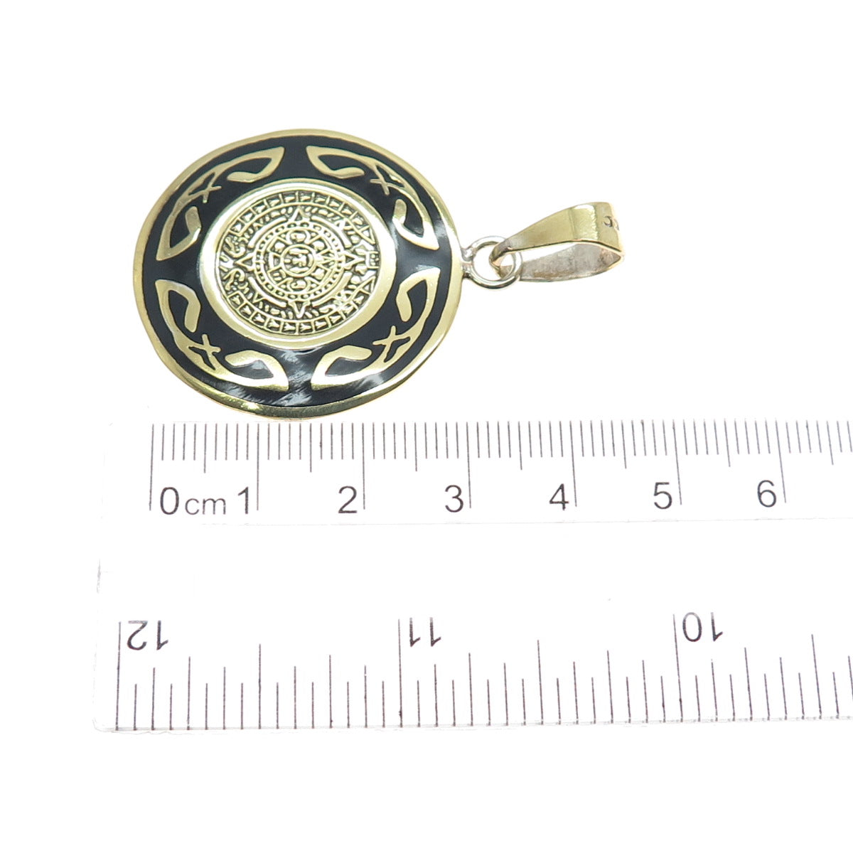 925 Sterling Silver Gold Plated Vintage Enamel Mayan Calendar Charm Pendant