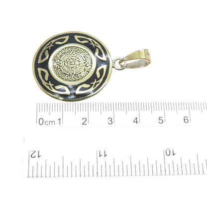 925 Sterling Silver Gold Plated Vintage Enamel Mayan Calendar Charm Pendant