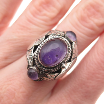 925 Sterling Vintage Mexico Real Amethyst Adjustable Poison Ring Size 7.75