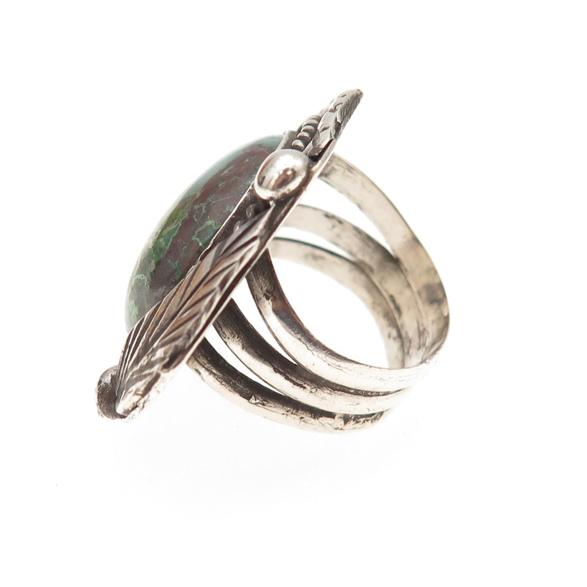 Old Pawn Sterling Silver Vintage Southwestern Turquoise Feather Ring Size 7.25