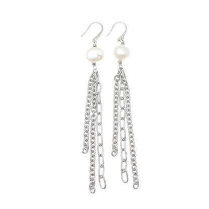 925 Sterling Silver Vintage Italy Real Baroque Pearl Tassel Dangle Earrings