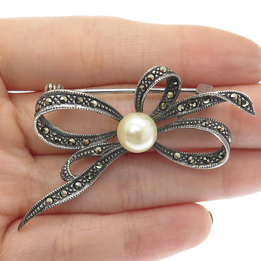 925 Sterling Silver Vintage Faux Pearl & Real Marcasite Ribbon Bow Pin Brooch