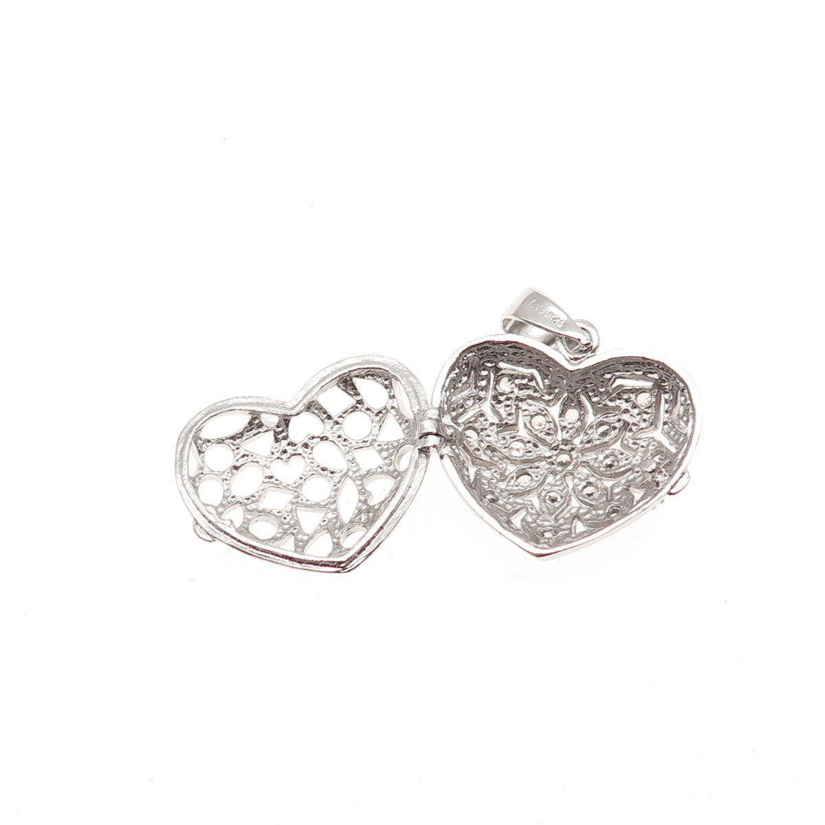 925 Sterling Silver Round-Cut C Z Heart Floral Locket Charm Pendant