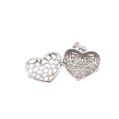 925 Sterling Silver Round-Cut C Z Heart Floral Locket Charm Pendant