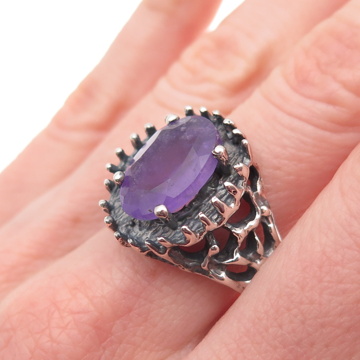 925 Sterling Silver Vintage Real Amethyst Modernist Oxidized Ring Size 8.5
