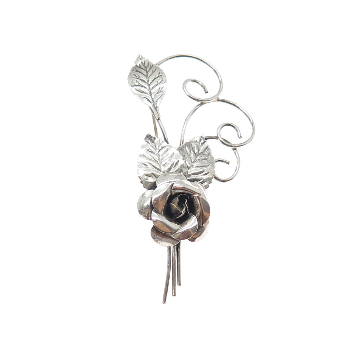 LANG 925 Sterling Silver Vintage Rose Flower Oxidized Pin Brooch