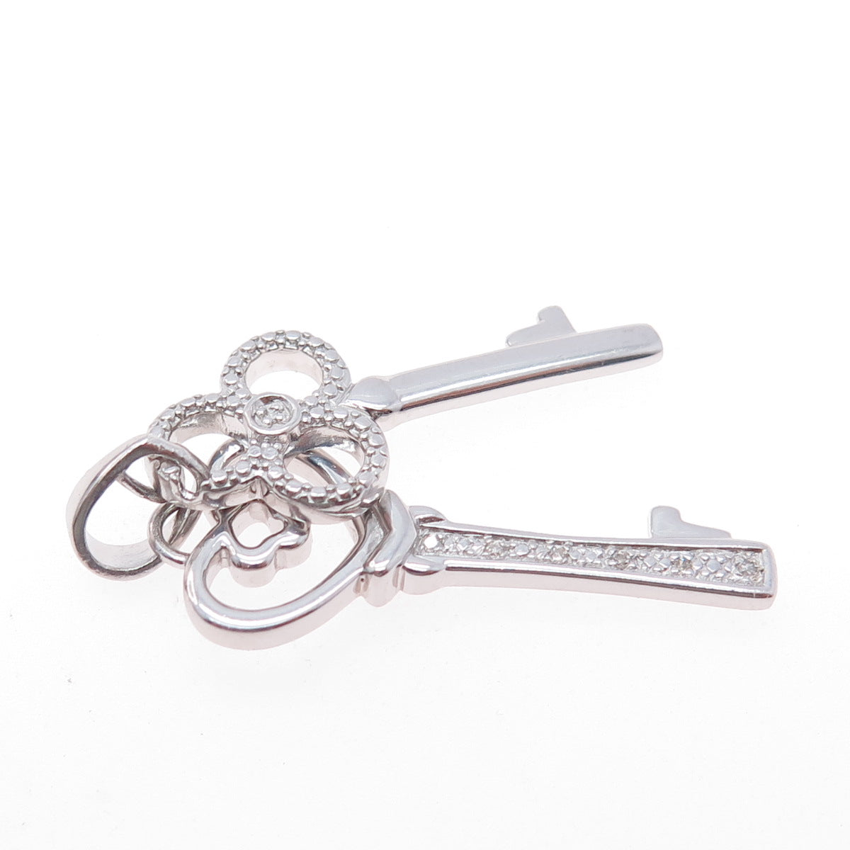 925 Sterling Silver Real Round-Cut Diamond Heart & Club Key Charm Pendant