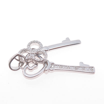 925 Sterling Silver Real Round-Cut Diamond Heart & Club Key Charm Pendant