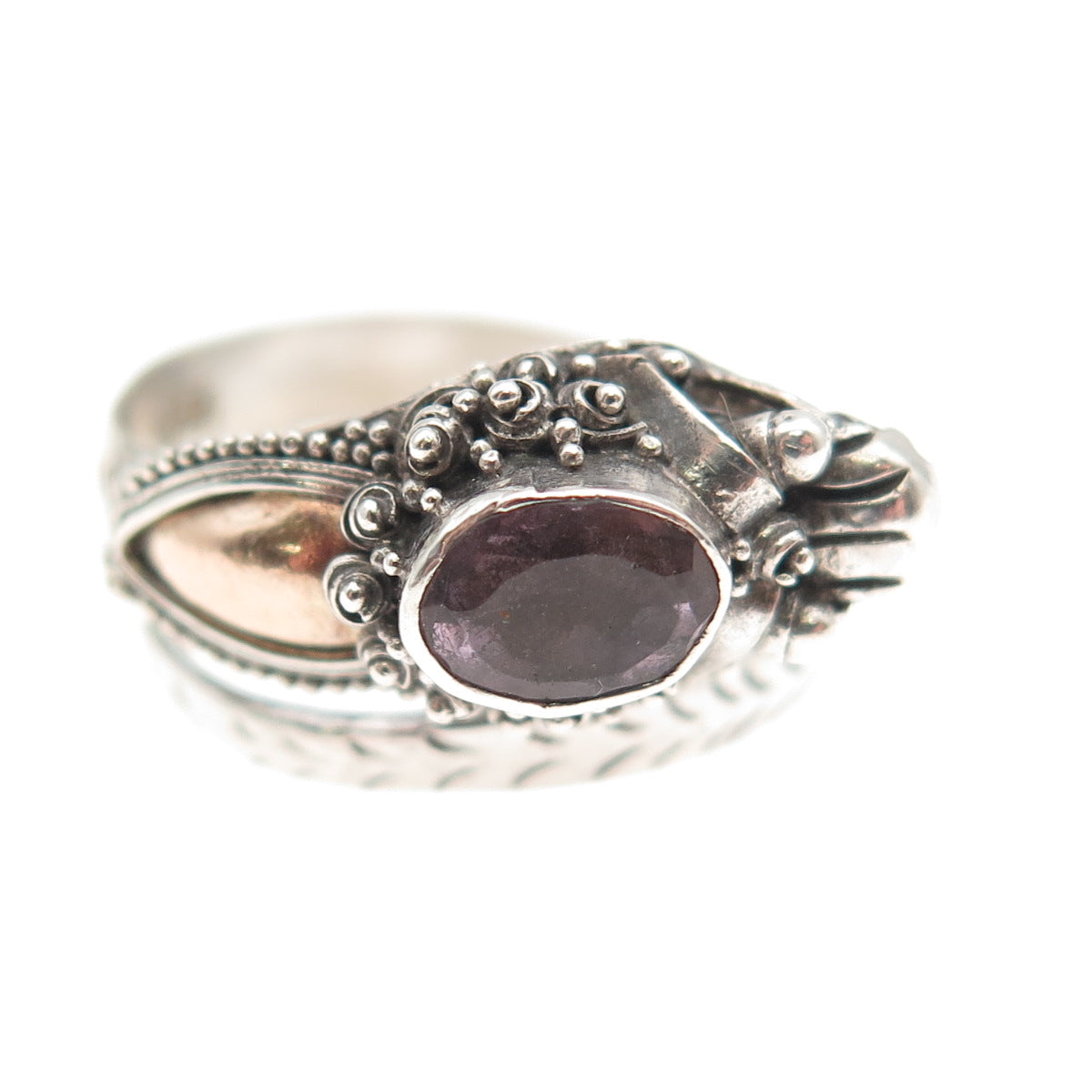 925 Sterling Silver & Gold Vintage Real Amethyst Dragon Adjustable Ring Size 8