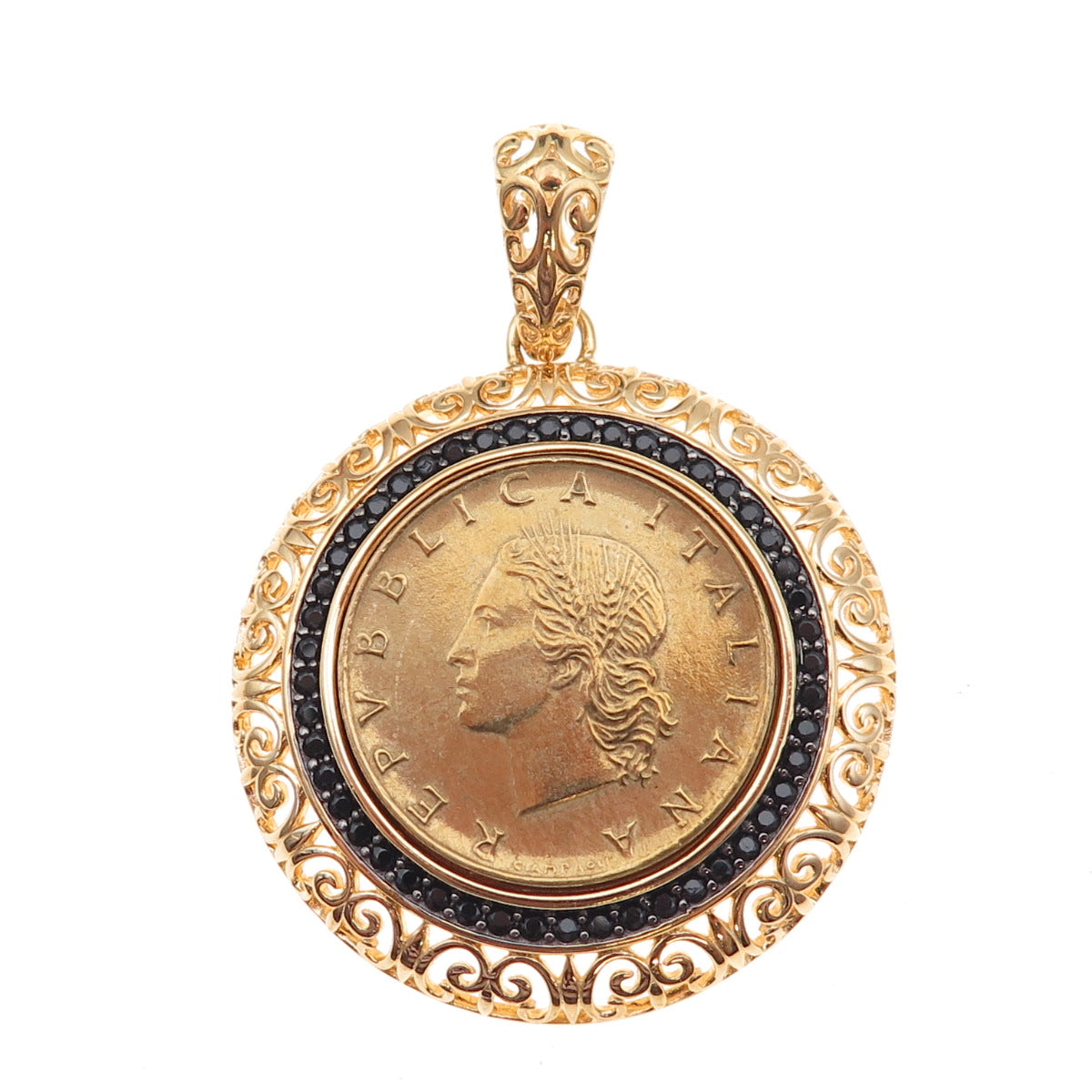 Bellezza Gold Plated Frame Vintage 1980 Italy 20 Lire Coin Charm Pendant