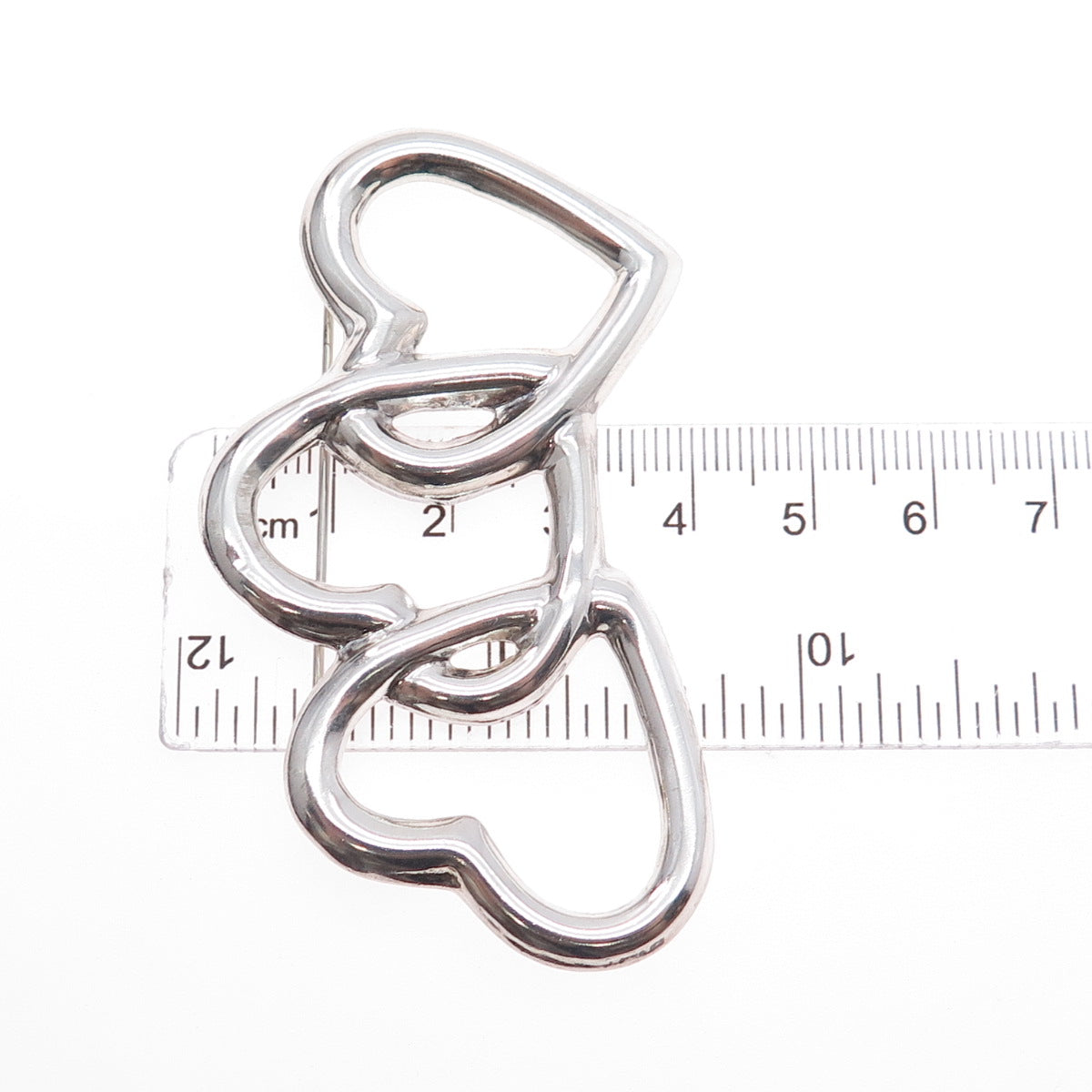 925 Sterling Silver Vintage Mexico Triple Interlocked Heart Pin Brooch