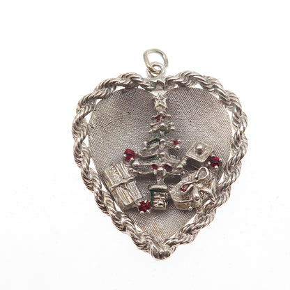 925 Sterling Silver Vintage Rhinestone Christmas Tree Heart Charm Pendant