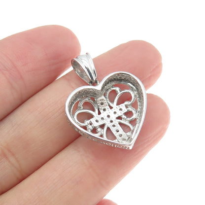 925 Sterling Silver Real Round-Cut Diamond Cross & Preyer Heart Pendant