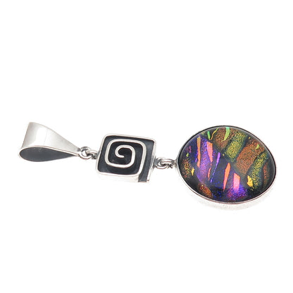 925 Sterling Silver Vintage Dichroic Glass Modernist Spiral Large Pendant