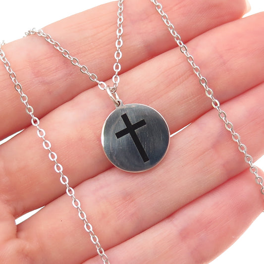 925 Sterling Silver Black Enamel Cross Round Tag Cable Chain Necklace 18"