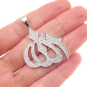 925 Sterling Silver Round-Cut C Z Allah Islamic Charm Pendant