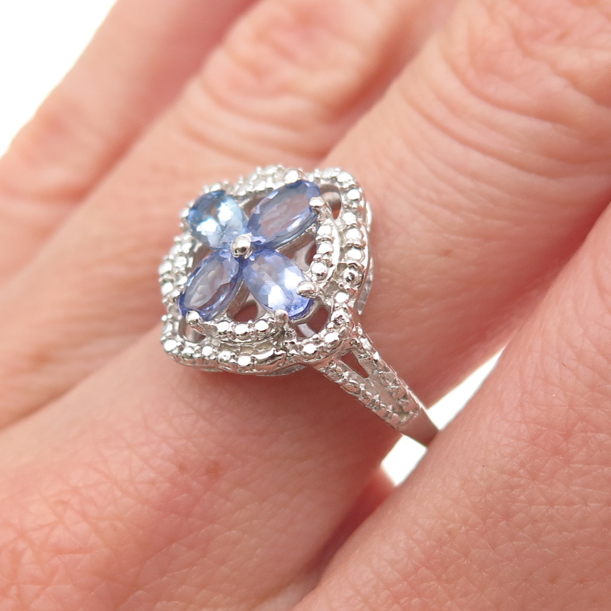Chuck Clemency 925 Sterling Silver Real Oval-Cut Tanzanite Floral Ring Size 7