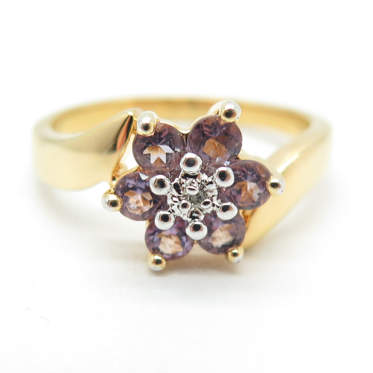 925 Sterling Silver Gold Plated Real Diamond Accent Amethyst Floral Ring Size 9