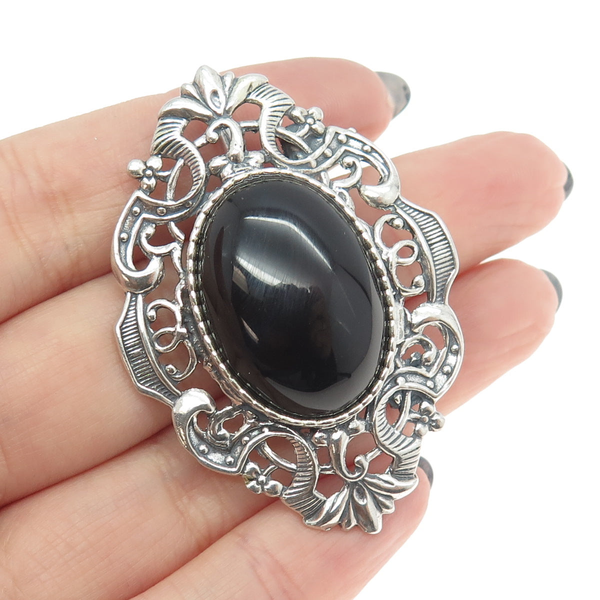 925 Sterling Silver Vintage Real Black Agate Ornate Pin Brooch / Pendant