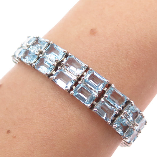 925 Sterling Silver Vintage Real Emerald-Cut Blue Topaz Bracelet 6.75"