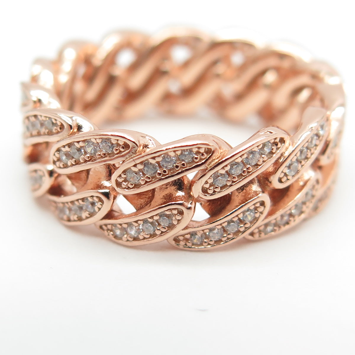 925 Sterling Silver Rose Gold Plated Round-Cut C Z Cuban Link Band Ring Size 7