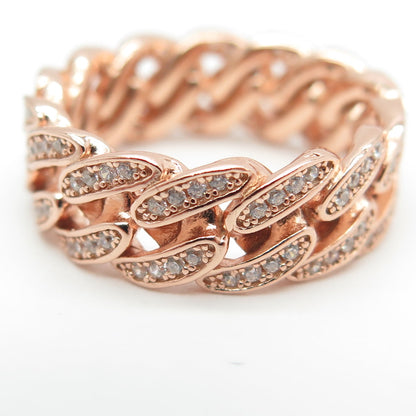 925 Sterling Silver Rose Gold Plated Round-Cut C Z Cuban Link Band Ring Size 7