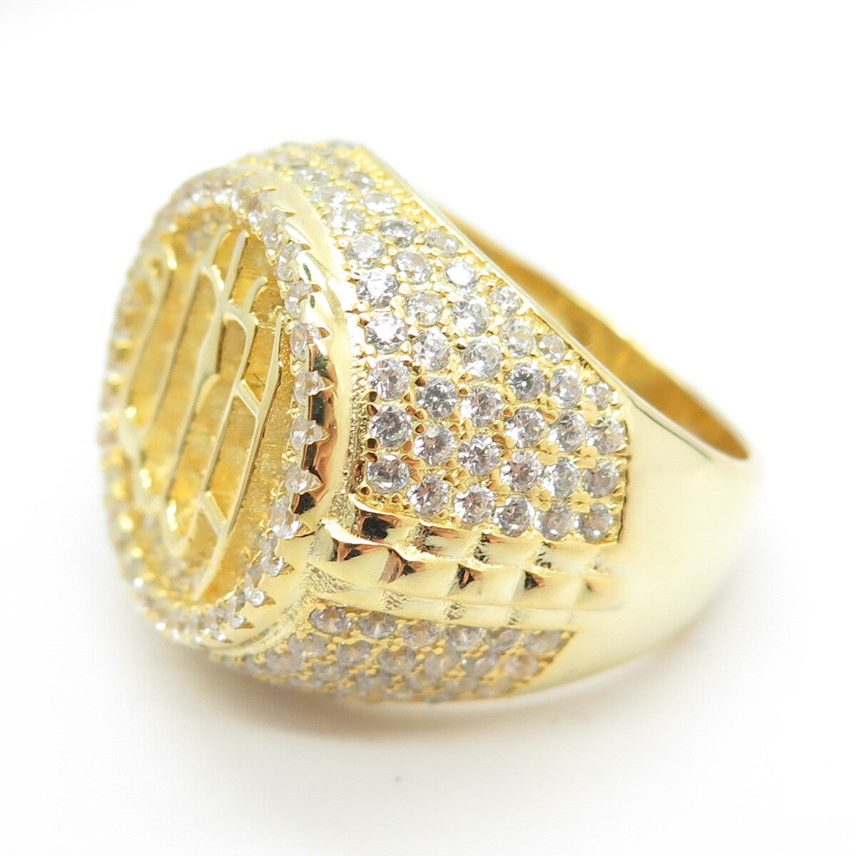 925 Sterling Silver Gold Plated Pave C Z Muslims Allah Religious Ring Size 9.5