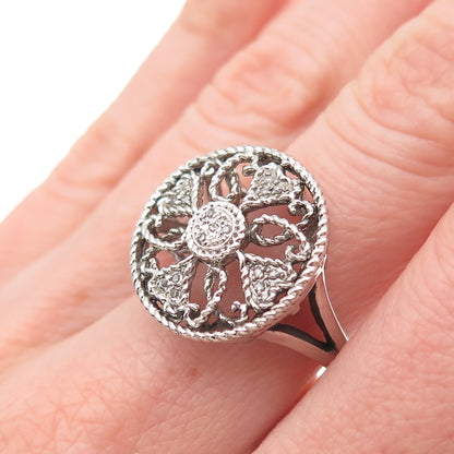 OLIVIA 925 Sterling Silver Real Round-Cut 0.05 ct Diamond Floral Ring Size 6.5