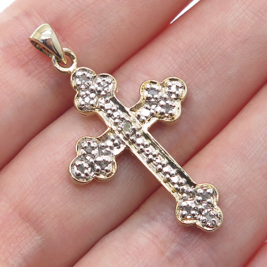 925 Sterling Silver 2-Tone Real Round-Cut Diamond Cross Charm Pendant