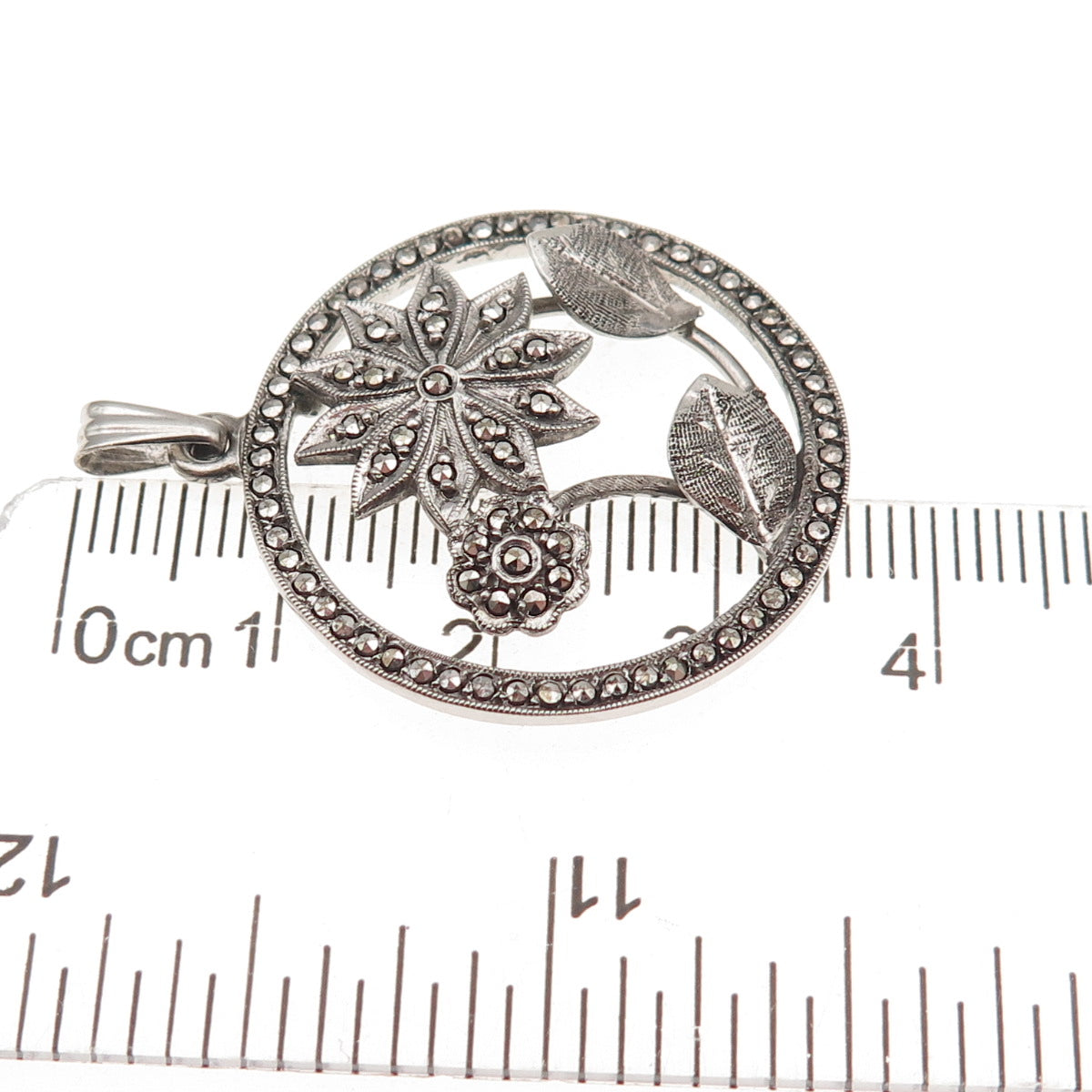 925 Sterling Silver Antique Art Deco Real Marcasite Floral Charm Pendant