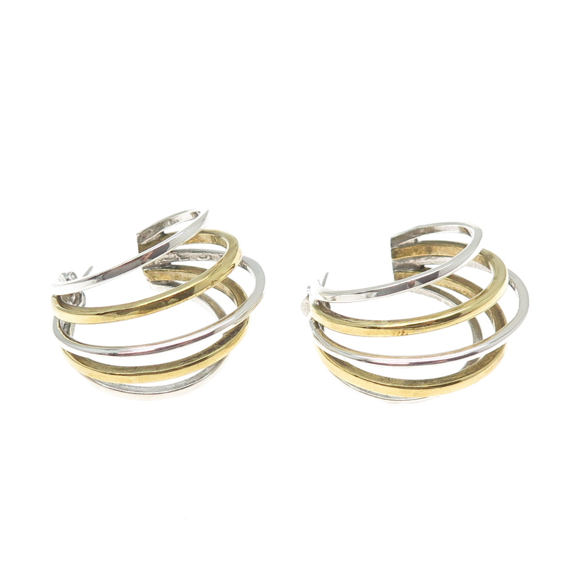 925 Sterling Silver 2-Tone Vintage Mexico Modernist Multi-Row Hoop Earrings