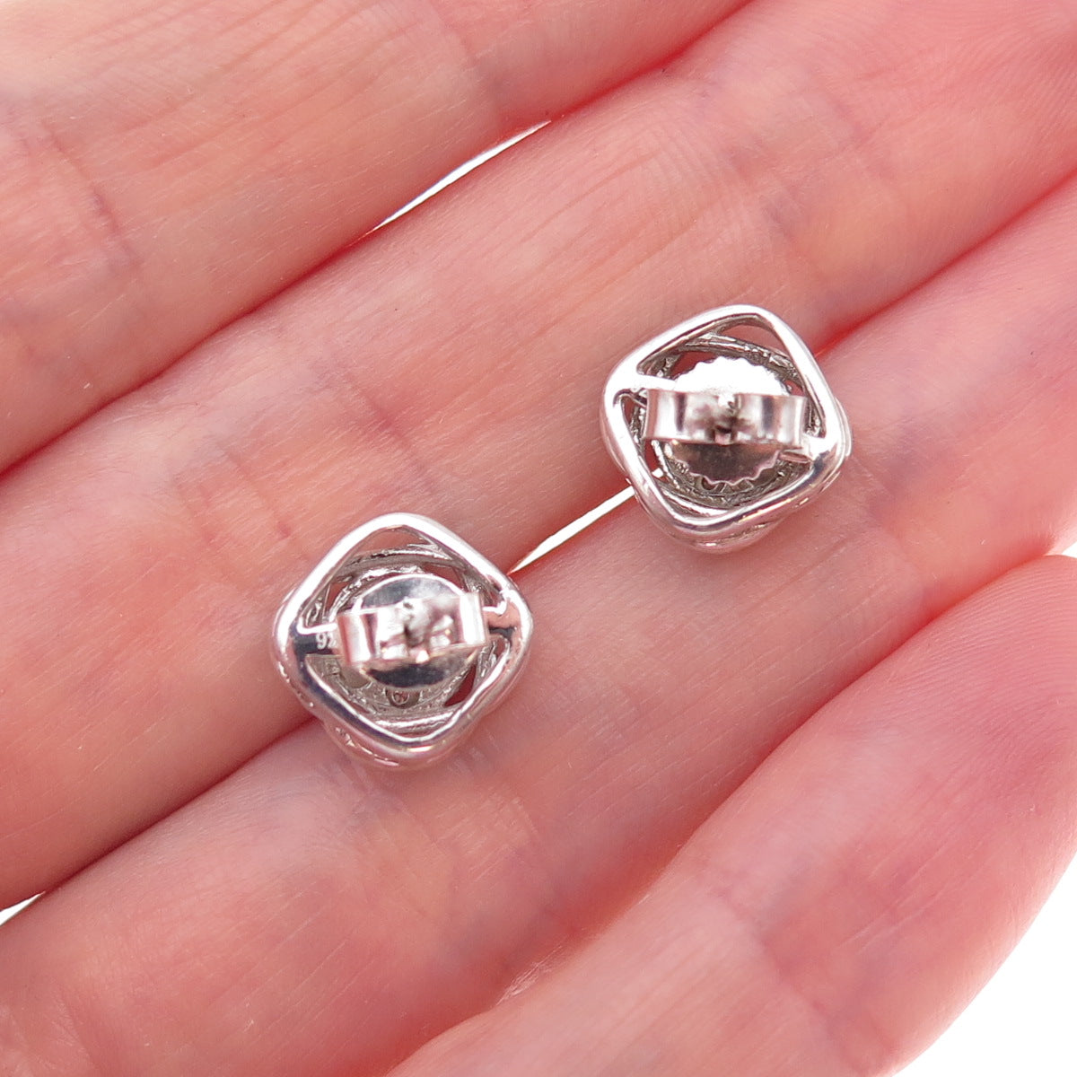 925 Sterling Silver Real Round-Cut Diamond Woven Stud Earrings