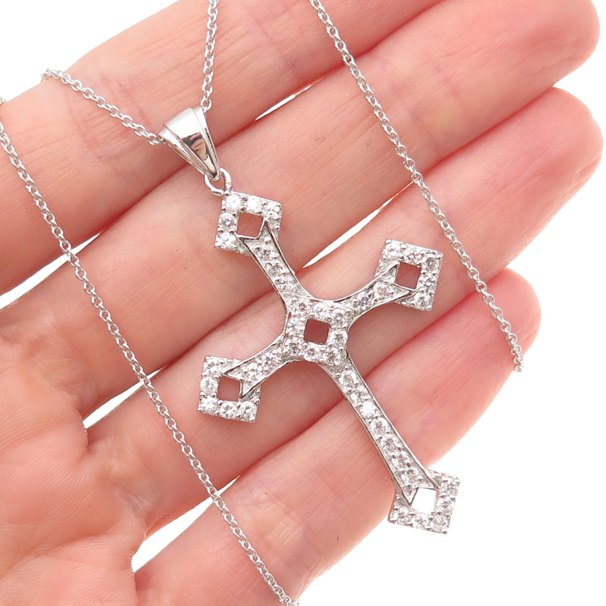 925 Sterling Silver Round-Cut C Z Cross Cable Chain Necklace 18"