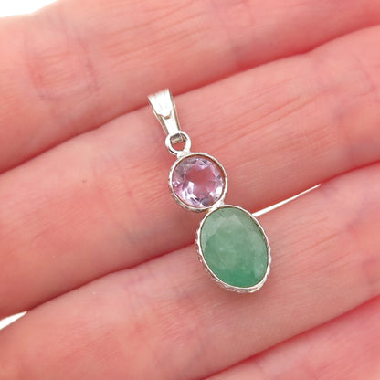 Atelier 925 Sterling Silver Vintage Real Emerald & Amethyst Charm Pendant